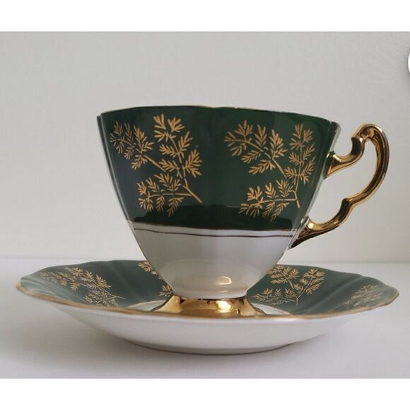 Vintage Adderley Teacup and Saucer, Green and Gold with Red Rose/ England - Picture 2 of 5